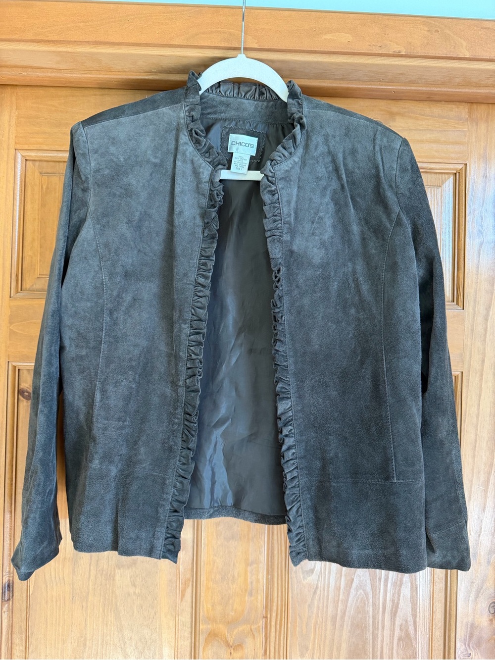 Chico's Dark Brown Suede Ruffle-Trim Open Jacket